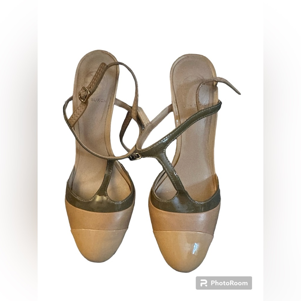 Tory Burch T strap multi colored patent leather wooden heel